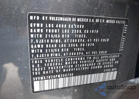 2023 Volkswagen Taos 1.5T S из США, поврежденный, VIN 3VVMX7B20PM356736